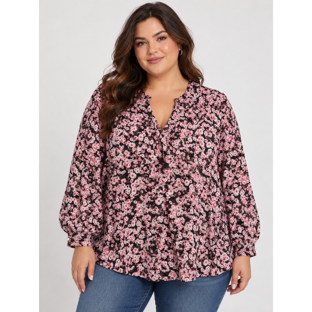 Karl Lagerfeld Floral Blouse 3X V-Neck Long Sleeve Multi Cottagecore Romantic